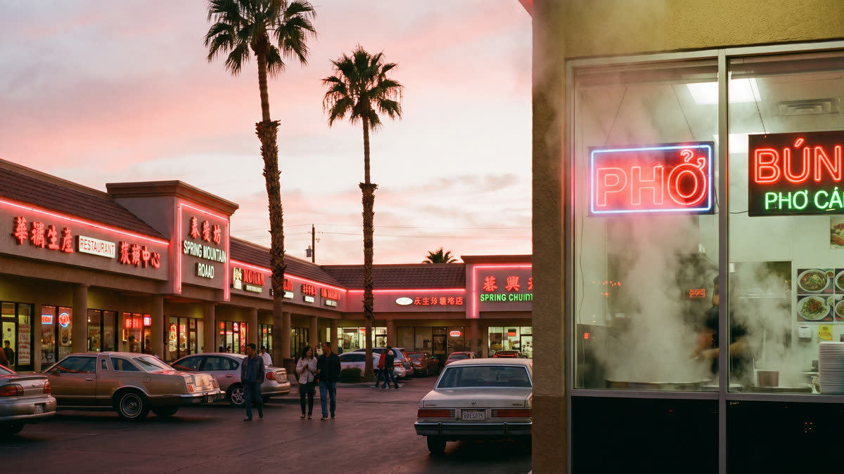 Warm evening view of Spring Mountain Road in Las Vegas Chinatown with glowing red and pink neon signs