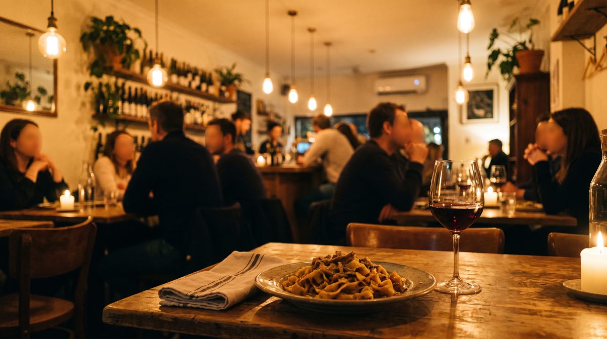 A warmly lit neighbourhood restaurant interior with a plated pasta dish in the foreground