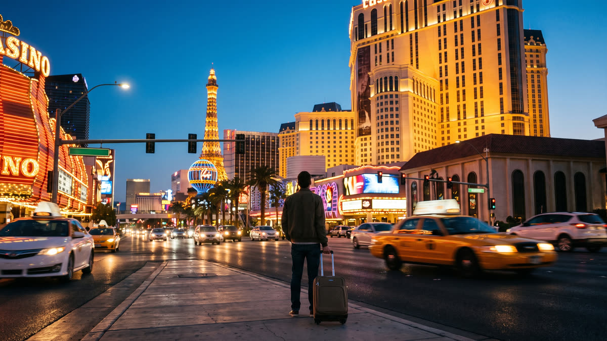 A first-time visitor with a rolling suitcase stands on the Las Vegas Strip at dusk, neon lights and motion-blurred taxis around them