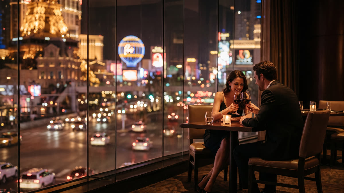 A romantic couple at a Las Vegas fine dining restaurant with a floor-to-ceiling window overlooking the glowing Strip at night
